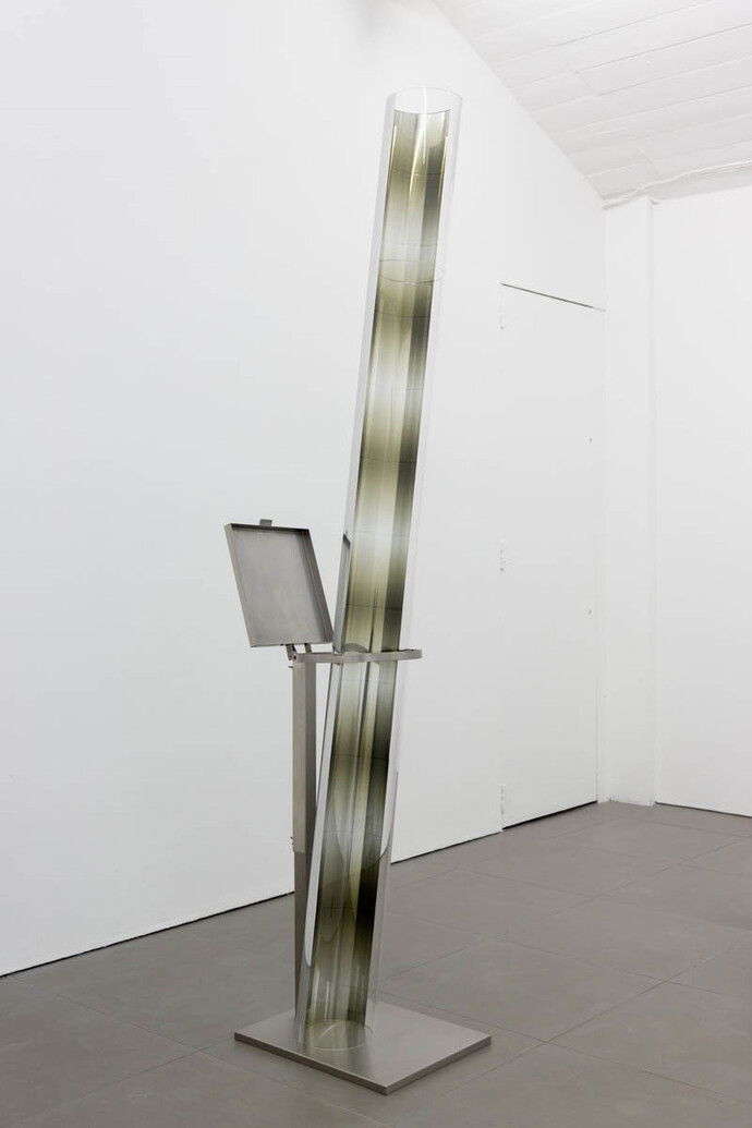 Marte Eknæs,Verticalia V, 2014, steel trash bag stand, Plexiglas tube with metallic film, 242 x 40 x 50 cm
