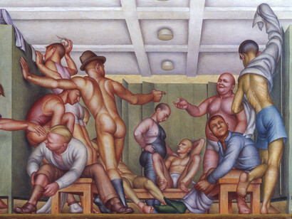 Paul Cadmus, Y.M.C.A. Locker Room, 1933.
Oil on canvas,
19 3/8 x 39 1/4 inches,
Private Collection. Courtesy of the artist and DC Moore Gallery