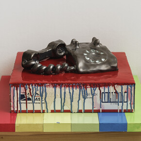 Pam Lins, 2015, MDF shelves with GTO colors, USPS, Flat Rate box, aqua resin, acrylic paint, and ceramic model