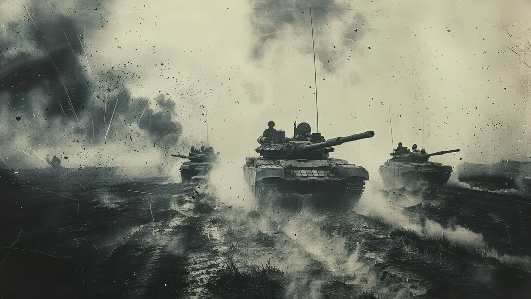 Three tanks moving across a barren landscape, suggesting a scene of conflict or military action
