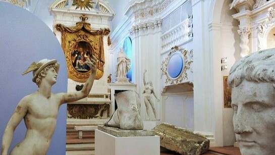 Alex Israel, Installation view of the 2012 solo exhibition at Museo Civico Diocesano di Santa Maria dei Servi, Città della Pieve. Photo: Ornella Tiberi