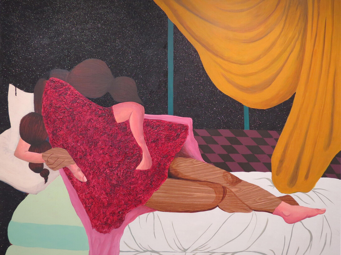 Alexandria Smith, between delight, 2014, Acrylic, mixed media on panel, 48 x 60 inches