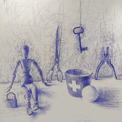 Antonio Riello, Helvetic Metaphysics, 2021, 105 x 90 cm, blue ballpoint pen on paper