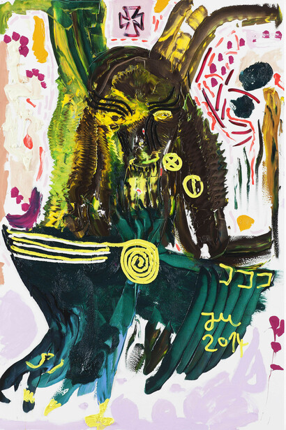 Jonathan Meese, "PIGG-MEN-TOZ, DE ERZMAKER, KNACKO SCHNATTO" 2014, oil and acrylic on canvas
210.5 x 140.3 x 3.3 cm, 82 7/8 x 55 1/4 x 1 1/4 ins, Copyright the artist; Courtesy the artist and Stuart Shave/Modern Art, London