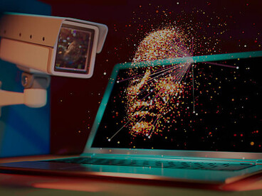 A visual depiction of AI-driven surveillance using facial recognition and security cameras