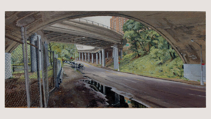 Rackstraw Downes, Below the Hospital Complex at 168th Street, 2012, Oil on canvas, 11 x 23 inches