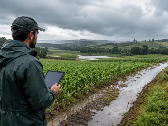 Um homem acompanha as condições de uma lavoura de milho após chuvas intensas, enquanto uma estação meteorológica se destaca ao fundo. O monitoramento climático e o planejamento antecipado estão entre as estratégias recomendadas pela Embrapa para reduzir os riscos do El Niño sobre a agropecuária