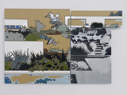 Guido Bagini, Technogreen 005, 2014 enamel on cardboard and zinc polished on dibond 55 x 86 cm