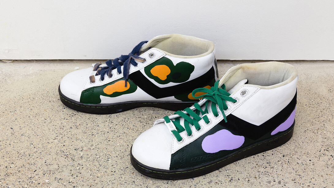 John Olson, 
Untitled, 2013,
Acrylic paint on used athletic shoes,
15.24 x 30.48 x 12.7 cm
(in. 6 x12 x5 )