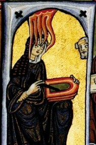 Ildegarda di Bingen ritratta nel Rupertsberger Codex del Liber Scivias, 1151 d.C. (dettaglio)