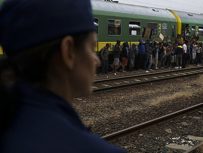Syrian refugees strike at the platform of Budapest Keleti railway station. Refugee crisis. Budapest, Hungary, Central Europe, 4 September 2015