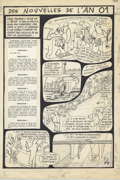 Des nouvelles de l'an 01, encre de chine et collage sur papier, 40 x 30,5 cm, courtesy of galerie Anne Barrault