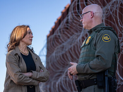 Vice President Kamala Harris meets with Border Patrol officials at the U.S.-Mexico border wall in Douglas, Arizona, on Friday, September 27, 2024, addressing immigration and border security challenges firsthand