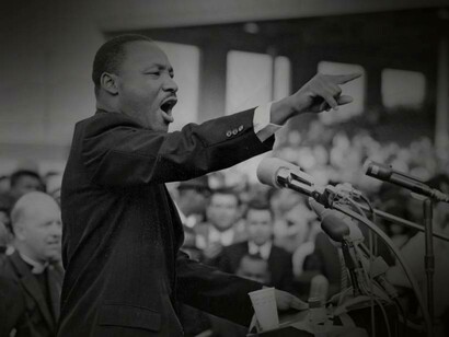 Martin Luther King Jr. in the middle of his iconic speech in Washington D.C., USA