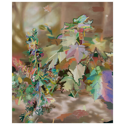 Leon Benn, Dead Leaves, 2023, oil, oil stick, acrylic paint, and fabric dye on linen, 63 x 52.5 inches Courtesy of the artist and David B. Smith Gallery