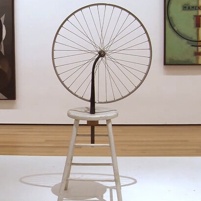 Marcel Duchamp, Bicycle Wheel (1913). Readymade consisting of a bicycle wheel mounted on a wooden stool; reconstructed in 1951. Approx. 129.5 cm (height). New York: Collection of the Museum of Modern Art. Courtesy of and copyright the artist