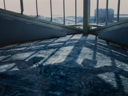 Shelagh Wakely, Silver Skin, 1993, Installation view at Princes Quay Shopping Centre, Hull UK, Silvery aluminium powder on grey painted concrete floor, 8 x 15 m