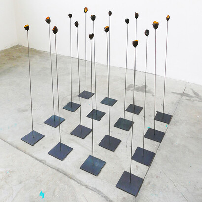 Alice Padovani, Cocoons, installazione, bozzoli di scarabeidi, foglia d'oro, vetro, steli di ferro, dimensioni ambientali, 2019