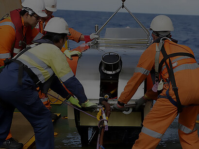 The Dragon Prince deep tow fish touches down on the back deck of Fugro Discovery after completing the first stage of the search for missing Malyasia Airlines flight MH370, 2014