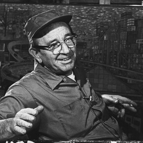 Charmain Reading, Photo of artist Ralph Fasanella (1914-1997), about 1970, black and white print, American Folk Art Museum, New York, Gift of the Estate of Ralph Fasanella. © 1970, Estate of Ralph Fasanella