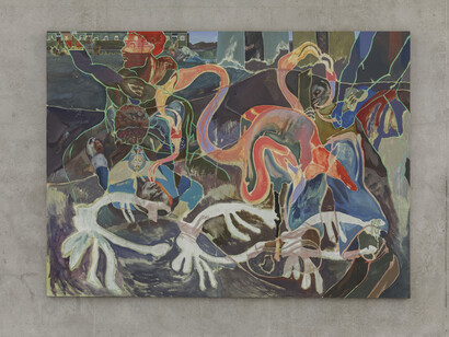 Michael Armitage, "Three Boys at Dawn", 2022, Ausstellungsansicht 3. Obergeschoss Kunsthaus Bregenz, 2023. Foto: Markus Tretter. Courtesy of the artist und White Cube, © Michael Armitage, Kunsthaus Bregenz