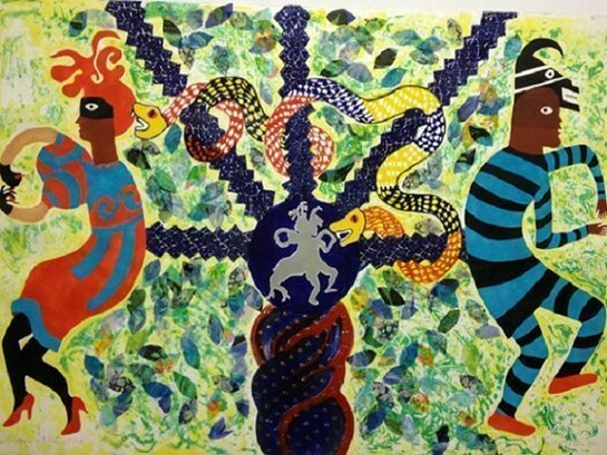 Miriam Schapiro, "Adam and Eve," 1990, Silk Screen and Collage, 44 ¼ x 30 ¼ inches