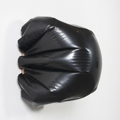 Analia Saban, Bulge (Black), 2015, encaustic paint on walnut stretcher bars, 16 x 16 x 13 1/2 inches; 40.6 x 40.6 x 34.3 cm