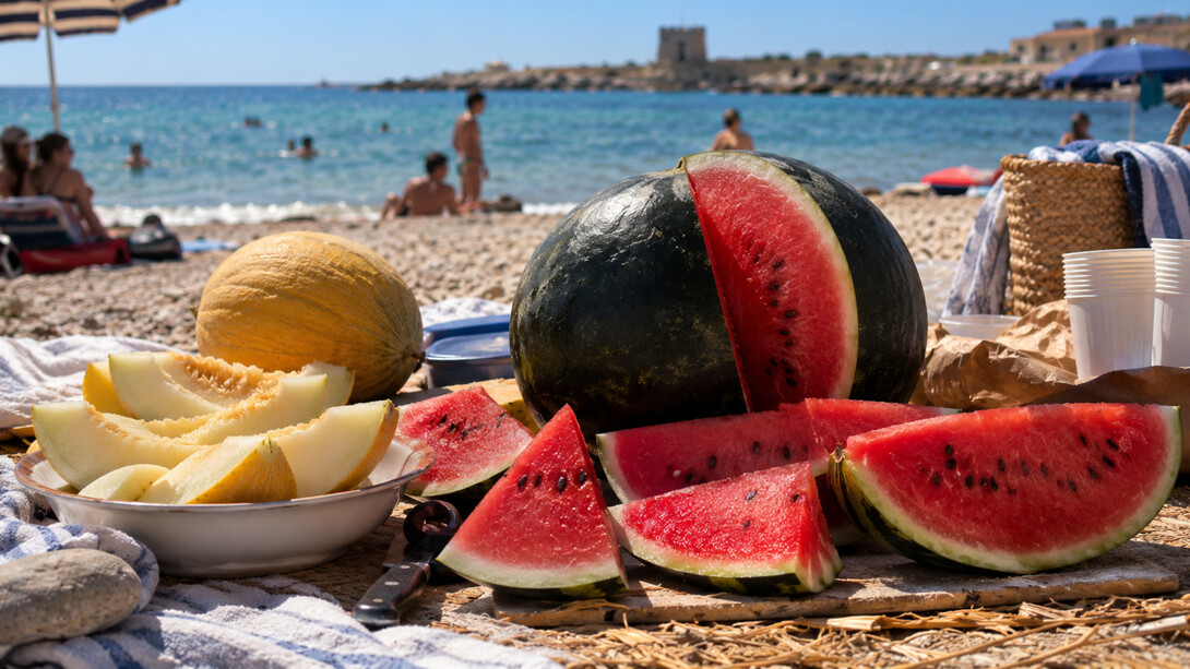 Estate al mare con frutta fresca di stagione: meloni e cocomeri, freschi e succosi