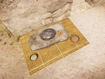 Particolare di una antica macina per il grano ricostruita in 3D presente nella ricostruzione della casa punica