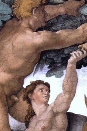 Adán y Eva cogiendo el fruto prohibido, frescos de la Capilla Sixtina, Miguel Ángel