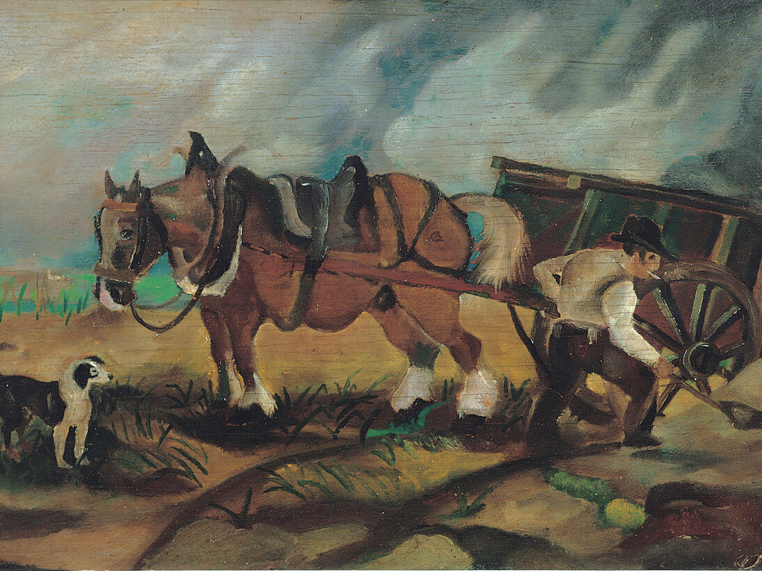 Antonio Ligabue, Il carrettiere, olio su tavola di compensato, 1932-1933, 32 x 47 cm
