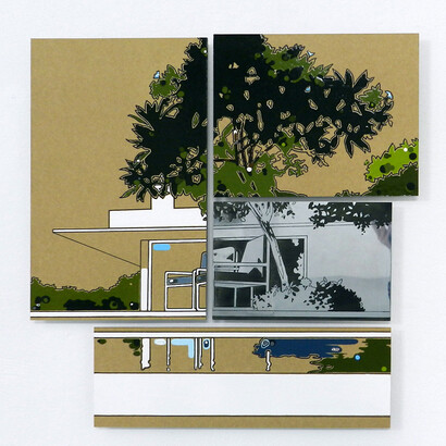 Guido Bagini, Technogreen 006, 2014 enamel on cardboard and zinc polished on dibond 67 x 66 cm