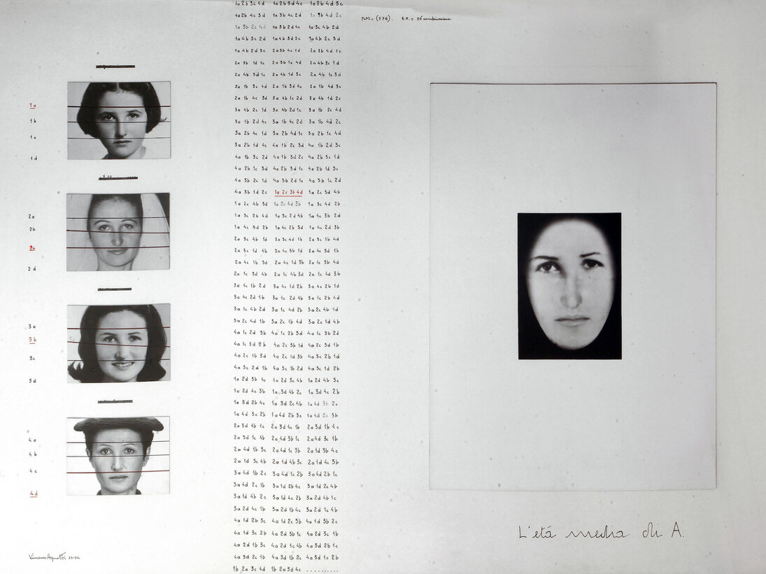 Vincenzo Agnetti, L'età media di A. (particolare),1973 – 1974. Riporto fotografico, 42 x 57 cm. Courtesy of Osart Gallery