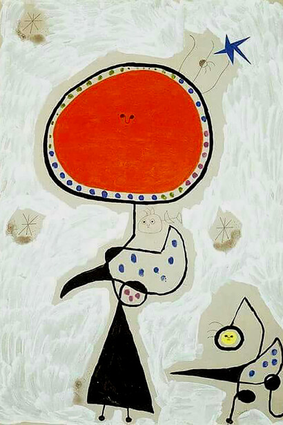 Joan Mirò, Femmes, Oiseau, Étoiles, 1942. Durant plusieurs siècles, vie après vie, l’oiseau revenait dans le monde des humains sous la forme d’une jeune femme
