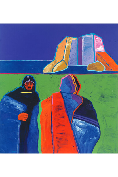 John Nieto, Pueblo Dialogue, 1990, acrylic on canvas, 44x40 inches. Courtesy of LewAllen Gallery 