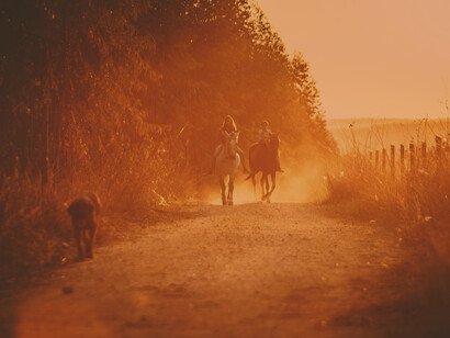Dos chicos montan a caballo durante un apacible atardecer. Me perturba la energía de mi pensamiento