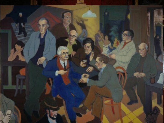 Alexander (Sandy) Moffat, Poets' Pub (Norman MacCaig, Sorley MacLean, Hugh MacDiarmid, Iain Crichton Smith, George Mackay Brown, Sidney Goodsir Smith, Edwin Morgan, Robert Garioch, Alan Bold and John A. Tonge), 1980,
oil on canvas: 183.00 x 244.00 cm, Scottish National Portrait Gallery