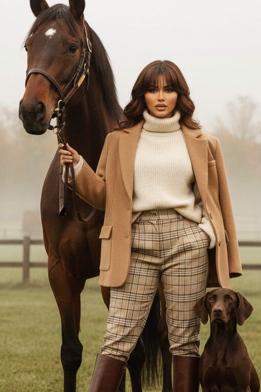A woman wearing equestrian-inspired fashion poses next to a horse and a dog