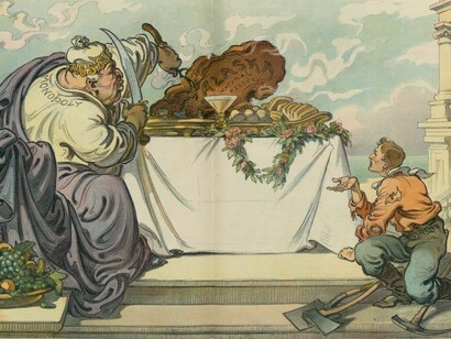 Caricatura política de Udo J. Keppler (1910) titulada Dives and Lazarus, que utiliza la parábola bíblica del rico y el mendigo para denunciar la brecha social y las asimetrías de poder económico de la época