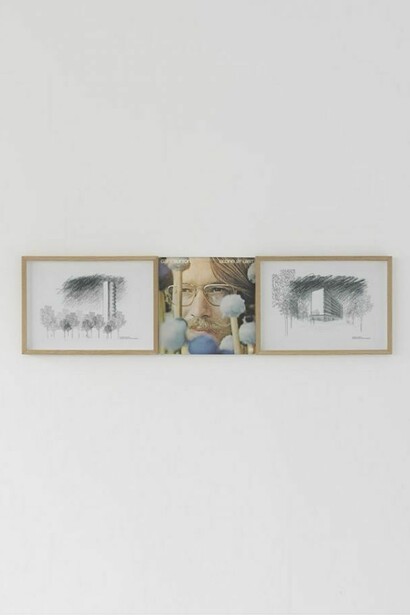 Annie Davey, Gary Burton wedged between Artist Impressions Alone at Last record cover, 2013, framed digital prints (produced with Una Daly)