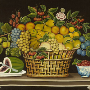 Still Life with Basket of Fruit, Artist unidentified, Probably New England, 1830–1850, Oil on canvas, 23 1/4 x 29 1/2". Photo courtesy of the Barbara L. Gordon Collection