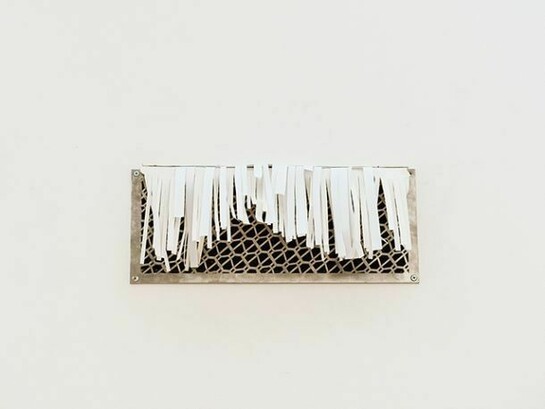 Graham Gussin, When the Night Comes, 2014, Metal grille , 43 x 18 cm, Ed. of 5 (Installation with paper, fan, sound equipment)