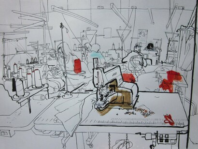 Santwyn sewing machinists - drawing by Lucinda Rogers