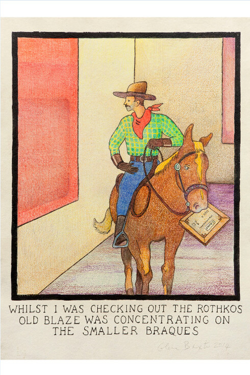 Glen Baxter, Whilst I was checking out the Rothkos Old Blaze was concentrating on the smaller Braques, 2014, Ink and crayon on paper, 80 x 58 cm / 31 1/2 x 22 7/8 inn, Courtesy of Flowers Gallery, London and New York