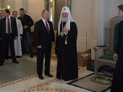 Russian President Vladimir Putin with Patriarch Kirill of Moscow and All Rus' during a visit to Moscow's Sretensky Monastery, 2017, Moscow, Russia