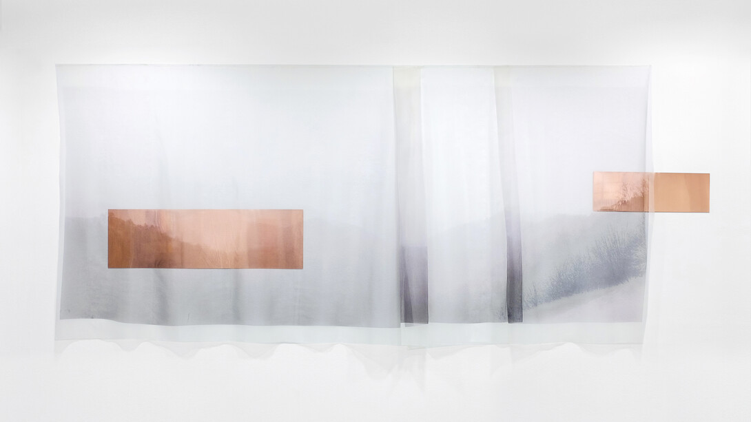 Giulia Cacciuttolo, A safe view from a tamed world II, 2020.  Scansione di pellicola stampata su organza di seta e rame 140(a) x 327 cm 
