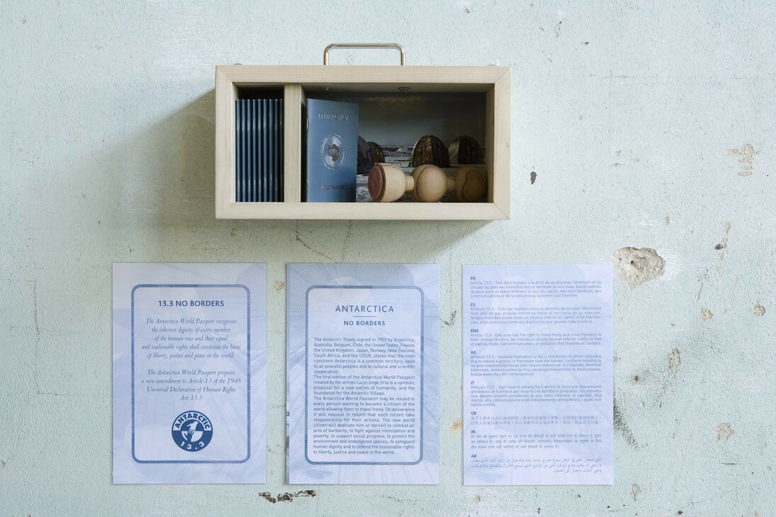 Antarctica World Passport Delivery Kit, 2008-2009
Wooden valise, Lambda photograph laminated, glass, 10 Antarctica World Passports, hand turned wooden passport stamp with rubber embossed motif
Limited edition of 25, 35 x 10 x 20 cm
Courtesy of the artists

