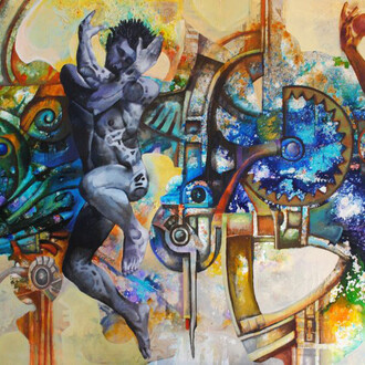 Rigo Peralta, Transcultural (detail, one of three panels), 2015, acrylic on linen. Allentown Art Museum