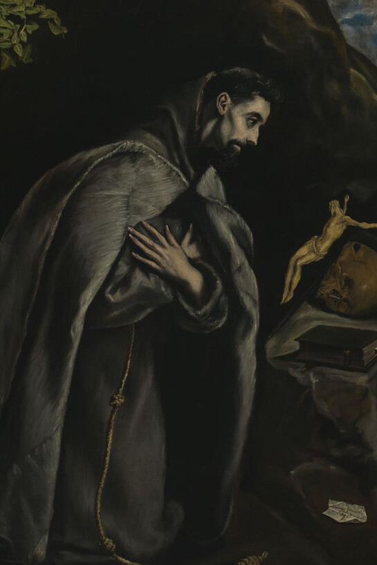Greco, El Greco, ElSaint Francis in Prayer Before the Crucifixc. 1585 (detail)