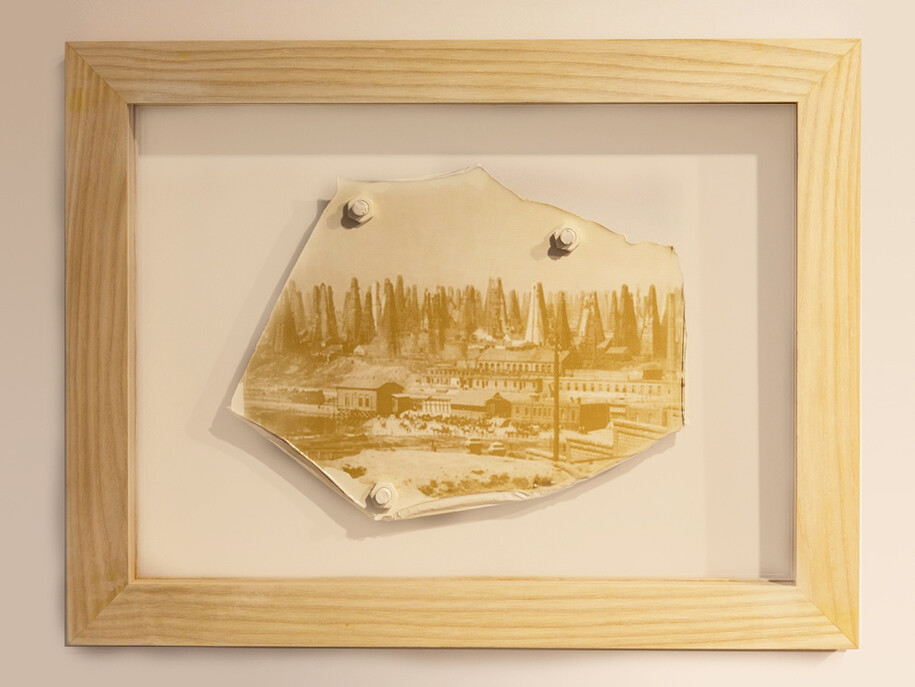 Nobel Oil Wells, 1897, 2013. Azerbaijani crude oil and varnish on industrial floor paint with cast paint nuts and bolts. 51 x 39 x 6cm